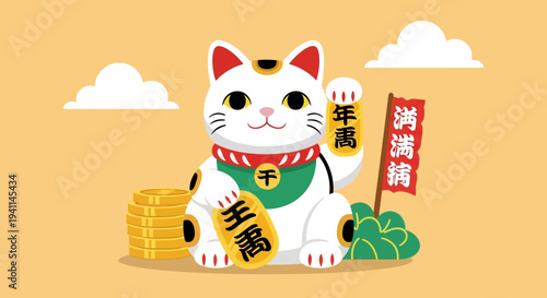 Lucky Cat Maneki Neko with Gold Coins and Japanese Symbols for Fortune