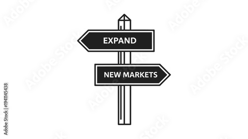 Linear design icon of a signpost pointing to "EXPAND" and "NEW MARKETS", symbolizing business growth strategies, market entry, or strategic expansion opportunities.