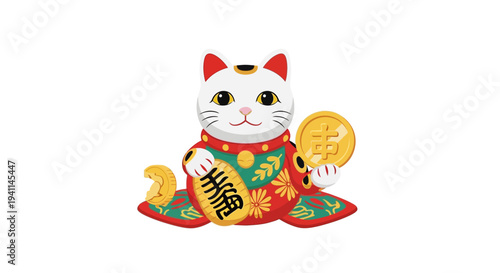 Lucky Cat Maneki Neko with Gold Coin and Scroll, Japanese Culture Symbol of Fortune