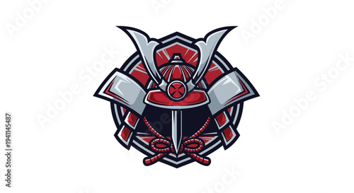 Samurai Helmet Emblem with Sword and Shield, Japanese Warrior Icon