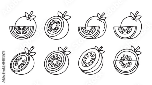 Citrus Fruit Slices and Halves Line Art Icons Set