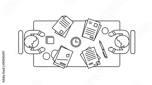 Linear design icon of two people at a rectangular table with scattered documents, representing negotiation, intensive discussion, or collaborative work sessions.