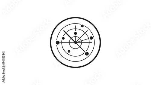 Linear design icon of a radar screen with a sweeping line and dots, symbolizing active scanning, object detection, real-time tracking, or dynamic surveillance.