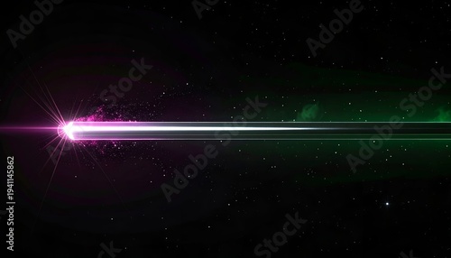 Futuristic beam splitting into two distinct colors, pink and green, against a backdrop of twinkling stars in deep space