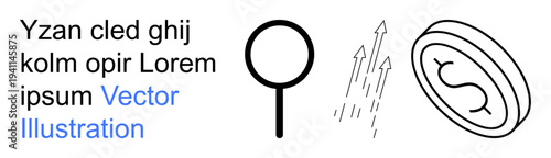 Data analysis, financial growth, currency concepts, investigation, economics, business development. Magnifying glass, arrows rising and dollar sign coin. Data analysis and financial growth