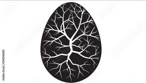 Egg silhouette with branching white tree pattern, symbolizing life and growth on a white background.