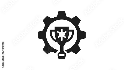Linear design icon of a gear with a trophy icon inside, representing mechanical excellence, industrial achievement, optimized performance, or engineering innovation.