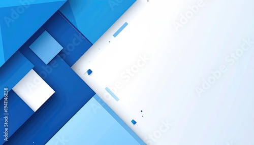 Geometric abstract in shades of blue and white. Cubes, squares, and angled lines. Bright, clean design with negative space