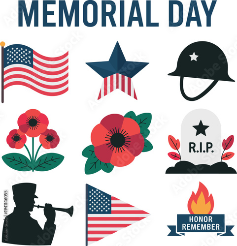 Memorial Day icons collection, flat design patriotic symbols featuring the American flag, poppy flower, soldier, memorial gravestone star, and remembrance elements.