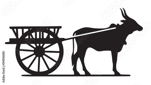 Ox-drawn cart silhouette with a single wooden wheel and a load platform for rural transport featuring traditional transportation, black and white,