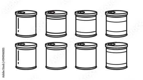 Collection of eight identical line art food cans arranged in two rows vector illustration