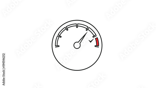 Linear design icon of a speedometer with the needle in the red zone and a checkmark, indicating verified high performance, optimal output, or successful peak operations.