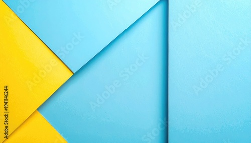 Geometric composition with layered rectangular and triangular shapes, featuring vibrant blue and yellow hues, forming an abstract design