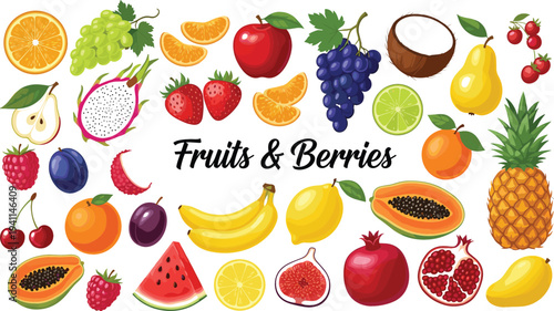 Fruits and Berries Vector Set with Tropical and Fresh Fruits Including Apple, Banana, Pineapple, Papaya, Grapes and Citrus