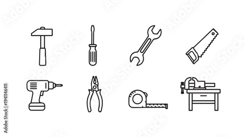 Collection of Hand Tools and Power Tools Icons on White Background