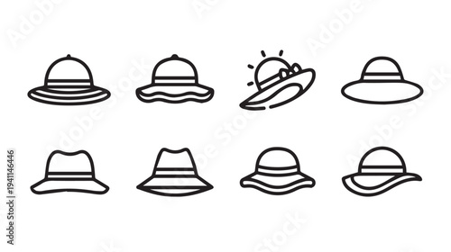 Collection of Hat Icons Various Styles Summer Accessories Line Art