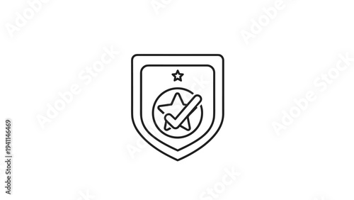 Linear design icon of a shield with a star and a checkmark in a circle, symbolizing certified protection, quality assurance, verified security, or trusted excellence.