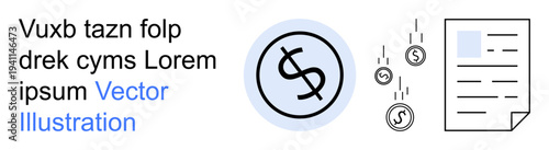 Financial management, budgeting, money transactions, currency exchange, business growth, payment systems. A dollar sign, falling coins and a document. Financial management and budgeting concepts