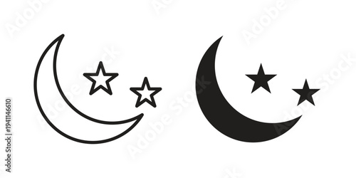 Moon stars icon black, line, flat vector, isolated illustration.