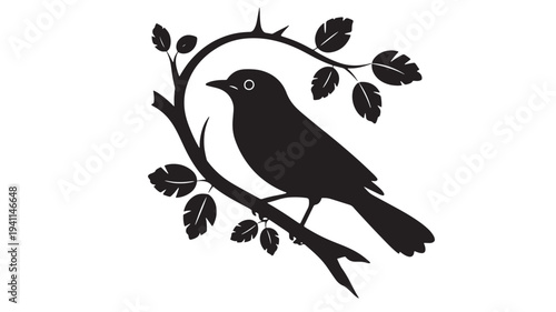 Bird silhouette perched on a thorny branch with leaves, symbolizing nature and tranquility in a simple black and white graphic design.