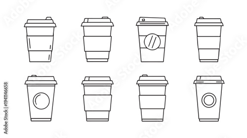 Collection of line art disposable coffee cups with lids and sleeves on white background