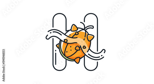 Modern abstract line art illustration depicting a stylized orange spiky fruit or organism icon