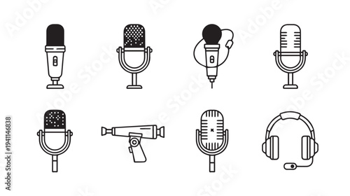 Collection of microphone icons vintage camera and headphones in flat line art style