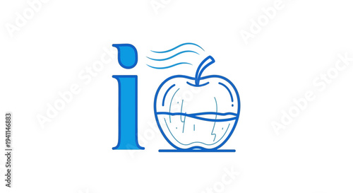 Contemporary blue lowercase i symbol next to a fresh apple icon with liquid and steam elements
