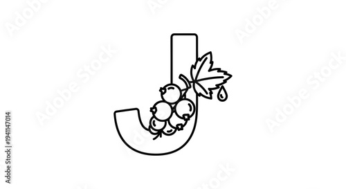 Stylized letter J line art with a cluster of juicy berries and a delicate leaf featuring a dewdrop