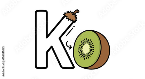 Educational graphic featuring bold letter K and a sliced kiwi fruit on pristine white background