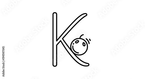 Minimalist outline illustration of letter K with a happy, rolling fruit character for cheerful