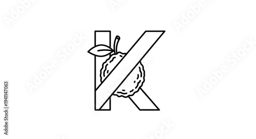 Minimalist line art illustration featuring the letter K intertwined with a textured fruit design