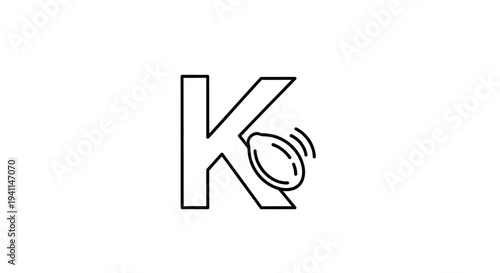Minimalist black outline of letter K and a dynamic oval seed element visual