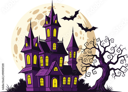 Haunted House Halloween Vector Illustration with Full Moon, Bats and Spooky Tree Scary Night Scene