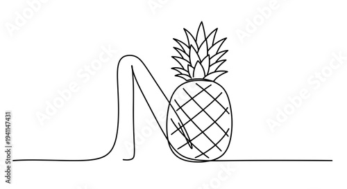 Minimalist continuous line drawing of a tropical pineapple fruit on a clean white background