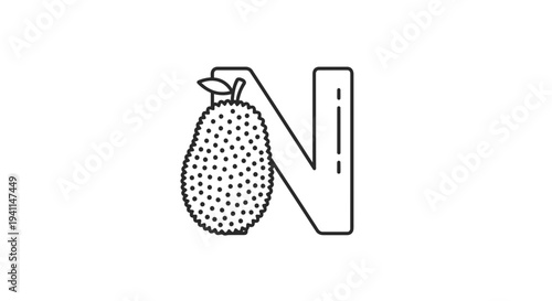 Minimalist black outline vector art depicting the letter N integrated with a textured nangka fruit