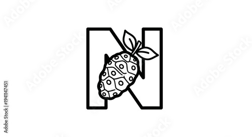 Elegant monochromatic Noni fruit icon artfully integrated with the letter N, symbolizing natural