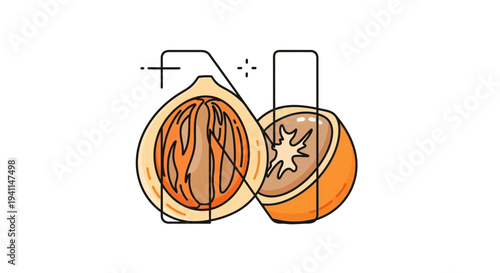 Illustrative depiction of two halved exotic fruits with abstract scientific elements highlighting