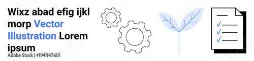Business innovation, workflow automation, sustainable growth, productivity tools, creative processes, efficiency. Gears, leaf document outline with checkmarks. Workflow automation and sustainable