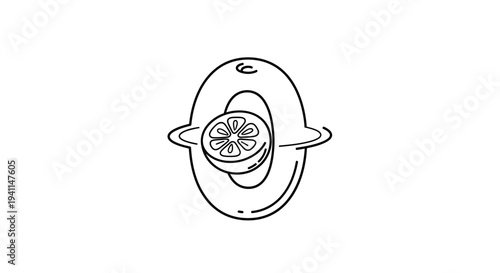 Clean Line Art Illustration of a Stylized Citrus Fruit with a Dynamic Orbital Slice Graphic