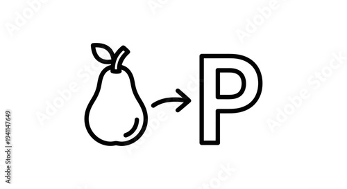 Simplistic line art depicting a pear transforming into the letter P, illustrating phonetics or