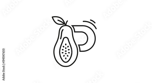 Minimalist line art illustration featuring a tropical papaya fruit icon alongside a stylized