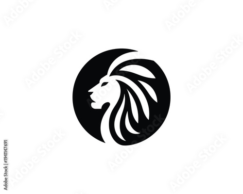 Lion Head Silhouette Logo in Circle Majestic Animal Symbol Bold Minimalist Design Strength and Courage Concept Brand Identity