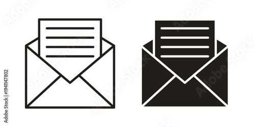 Open email icon black, line, flat vector, isolated illustration.