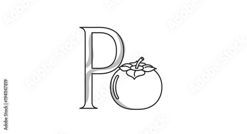 Clean line art graphic displaying the letter P and a simple outline of a persimmon fruit on white