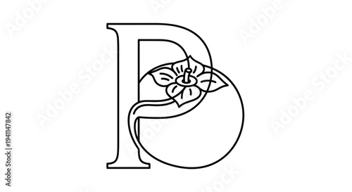 Sophisticated line art illustration presenting a capital letter P elegantly decorated with a