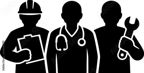 Professional diverse workers group silhouette including construction engineer doctor and mechanic with tools, labor day and career concept black vector illustration on transparent background