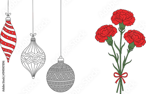 Red Carnation Flowers and Christmas Ornaments Vector Illustration with Decorative Holiday Baubles and Floral Bouquet Design