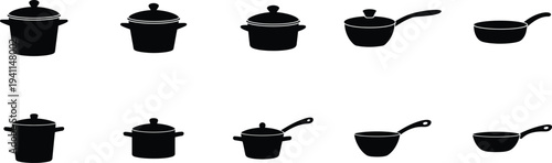 Cookware silhouettes kitchen pots pans cooking utensil icon collection