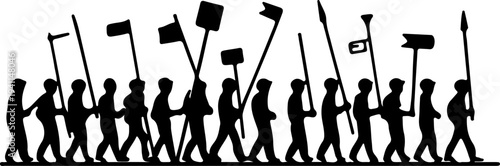 Large group of workers marching with flags and placards silhouette vector, labor day strike or protest movement illustration, diverse laborers demonstration for rights isolated